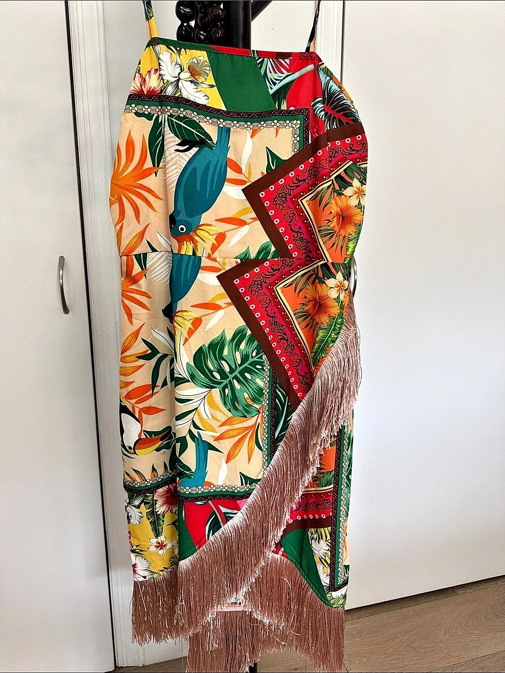Farm Rio Floral Fringe Scarf in Green & Red
